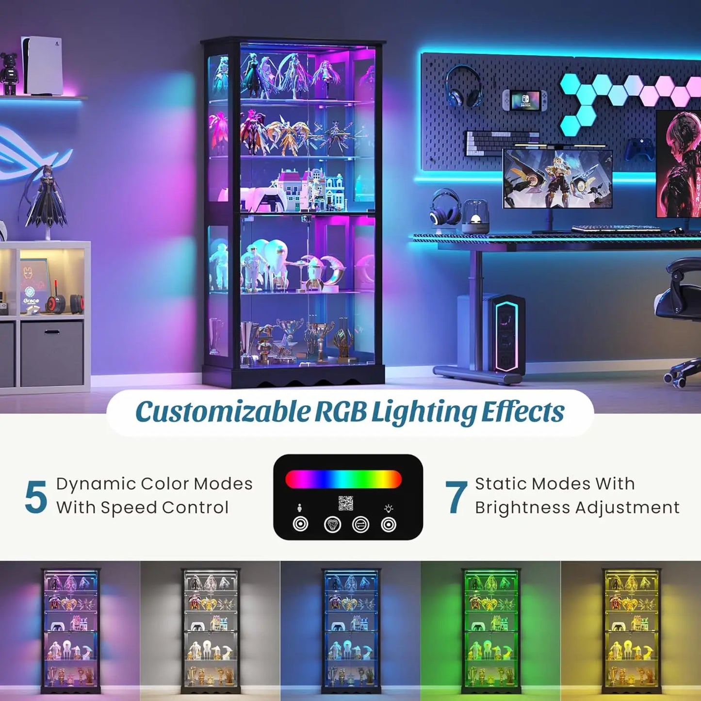 71" Tall Glass Display Cabinet with RGB Lights & Motion Sensor, 5-Tier Curio Case for Collectibles, Figures, Books