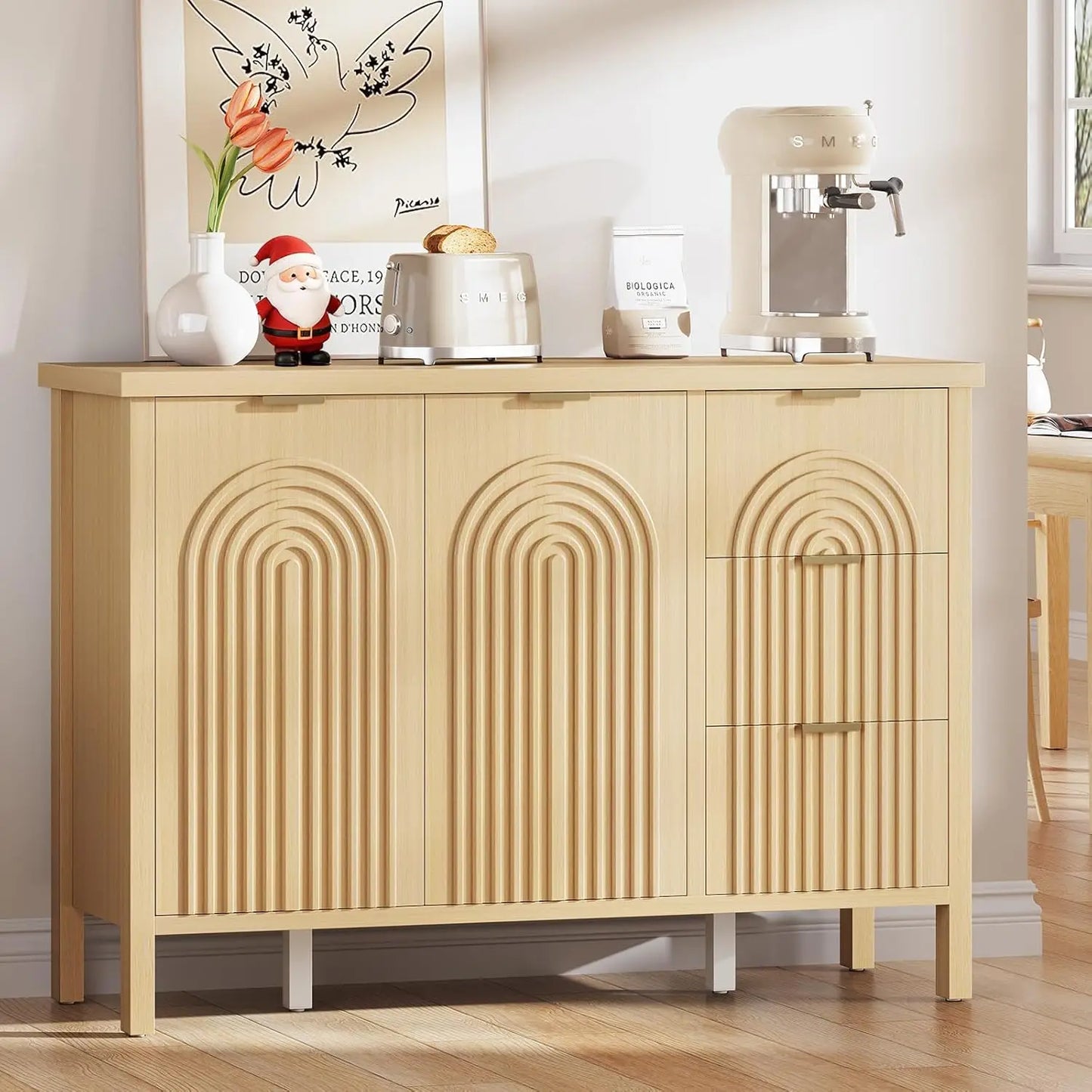 Sideboard Buffet Cabinet with Storage - Accent  Cabinets with Drawers & Doors, Fluted Kitchen Credenza