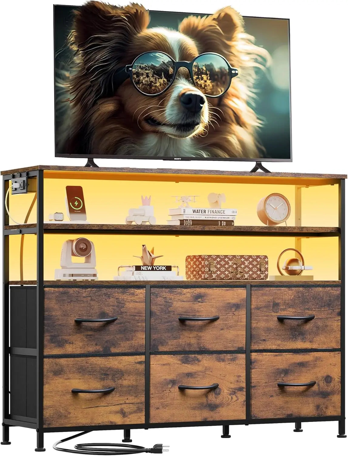 TV Stand for 40-45 Inch TVs with LED Lights, Charging Station,, Rustic Brown Entertainment Center