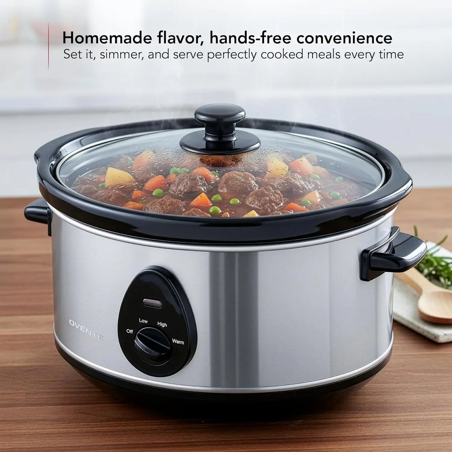 Electric Slow Cooker with 3 Cooking Settings, Non-Stick and Dishwasher Safe Stoneware, StainlSteel