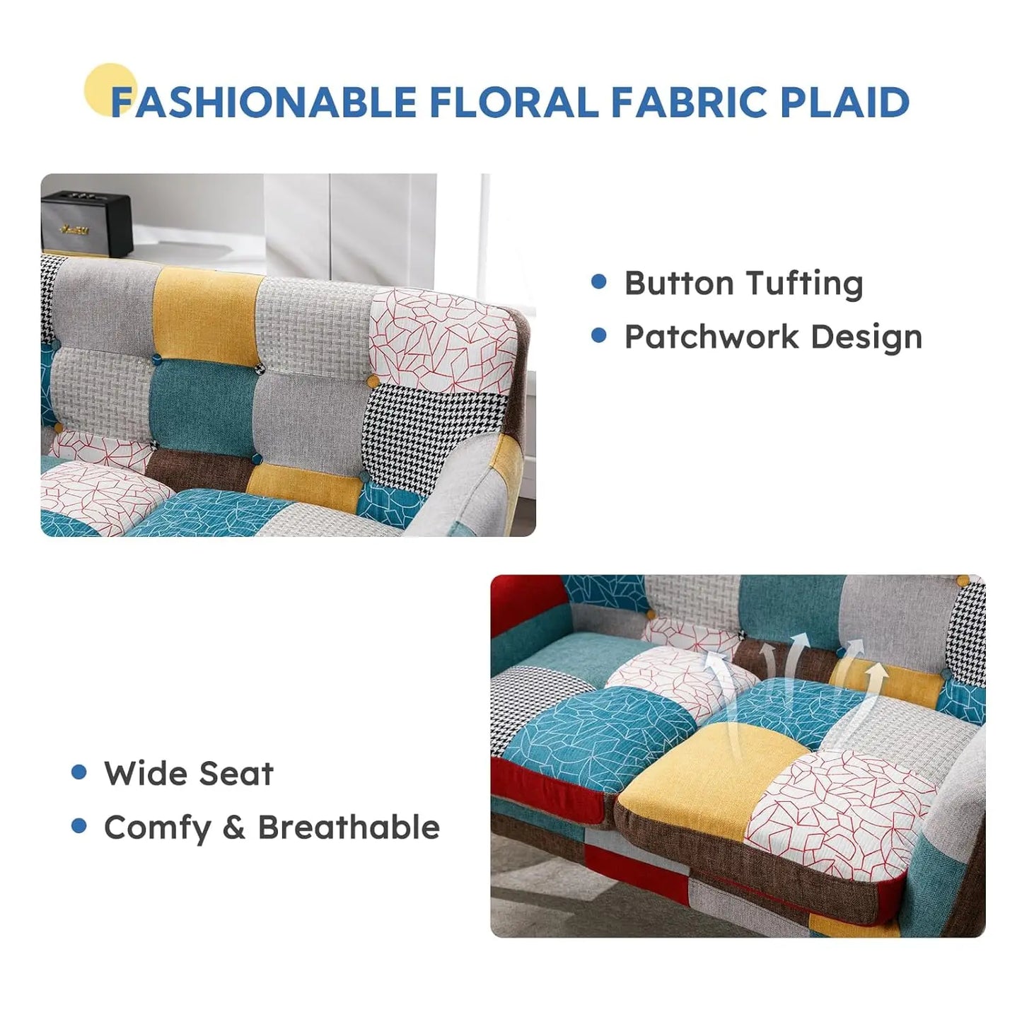 Modern Boho Loveseat Couch for Living Room Bedroom, Upholstered Colorful Plaid Fabric
