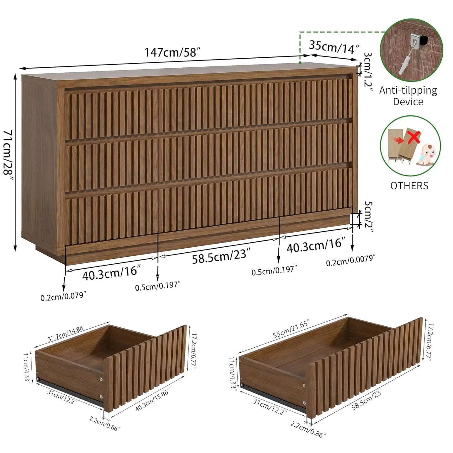 Fluted Long 9 Drawer Dresser, for Bedroom, 58" Wide Vintage Chest of Drawers