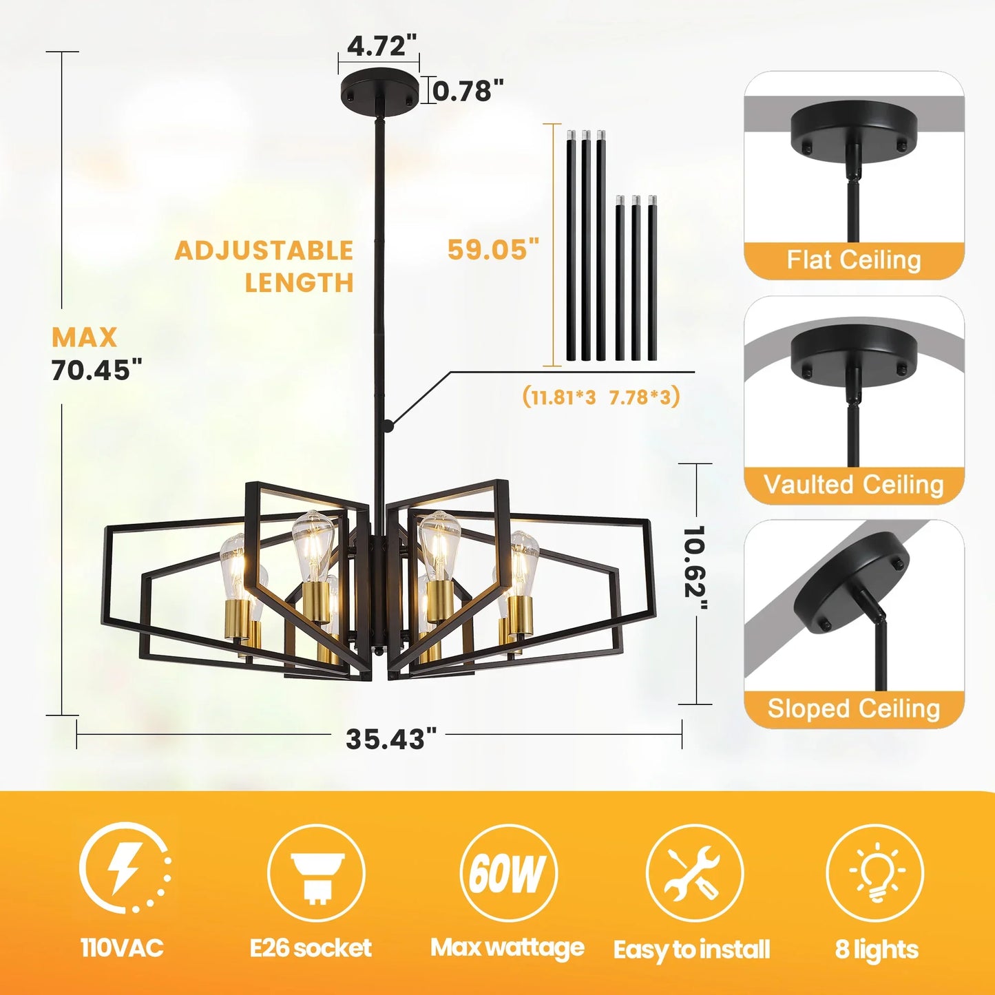 Modern 8-Light Geometric Chandelier Adjustable Height  Light with Black Frame & Golden Accents