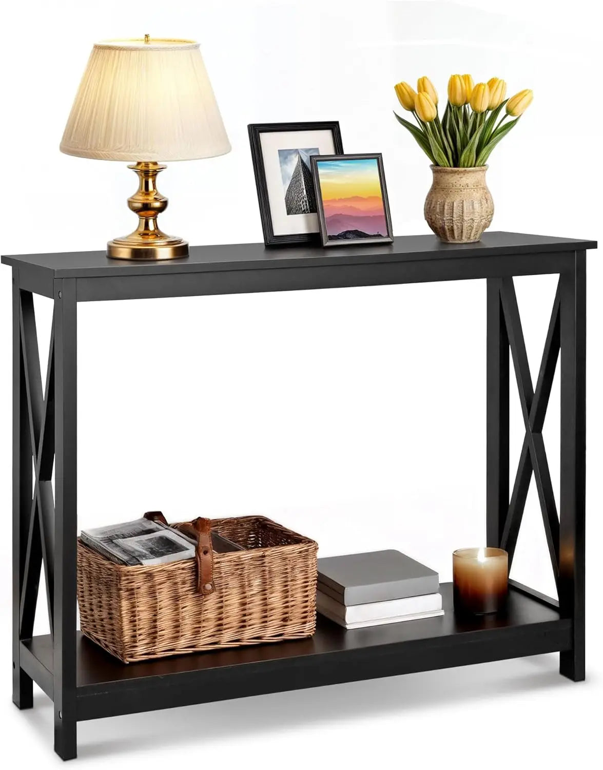 39.5" Narrow Console Table with 2-Tier Storage Shelf, Black Finish for Hallway Living Room Office
