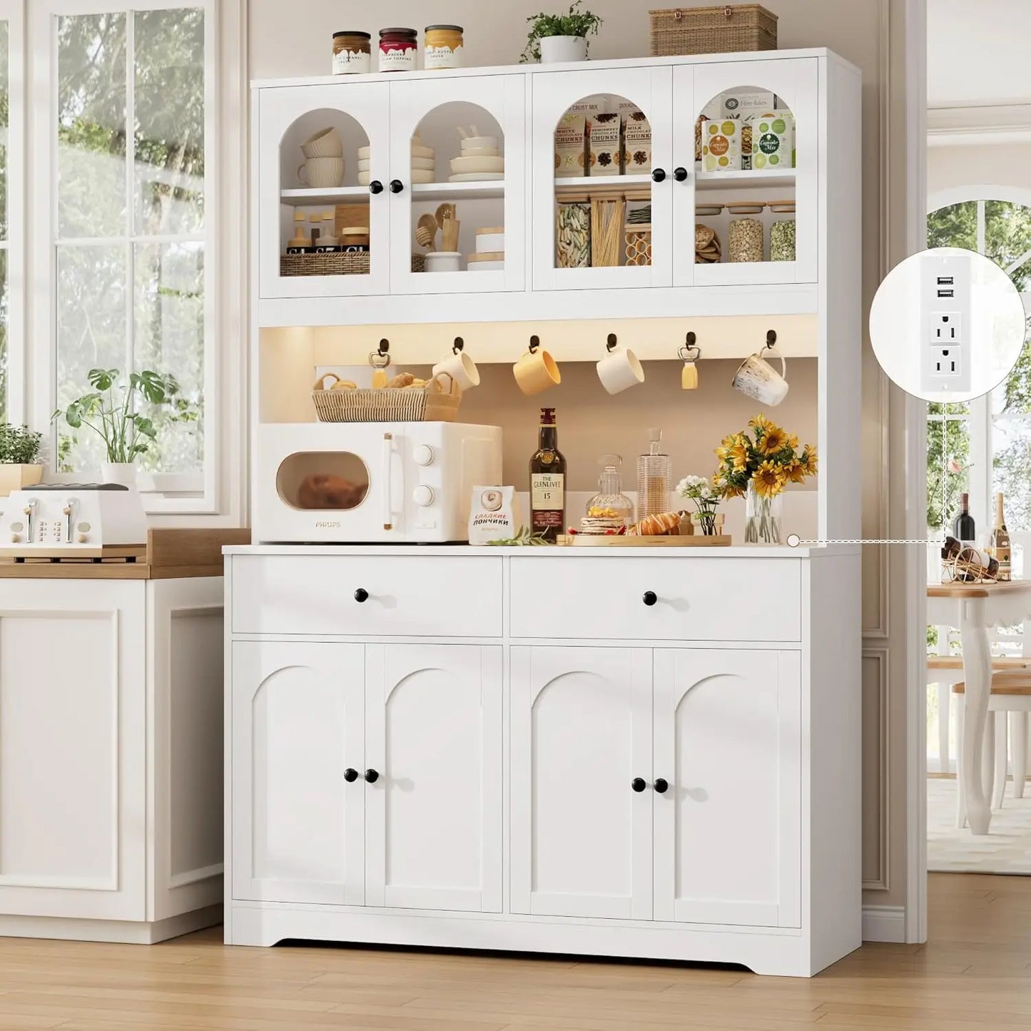71" LED Kitchen Pantry Cabinet with Power Outlet, with Arched Door & Shelves