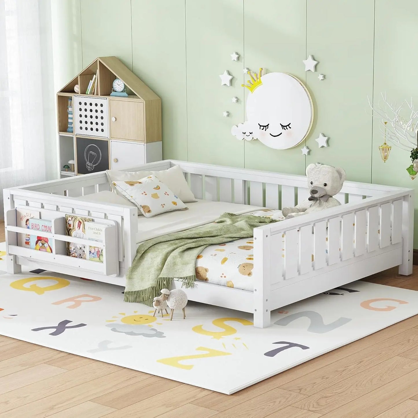 Full Size Kids Montessori Bed Frame with Stairs Bookshelf Drawers Storage Low Profile, 6 different finishes^








differeny