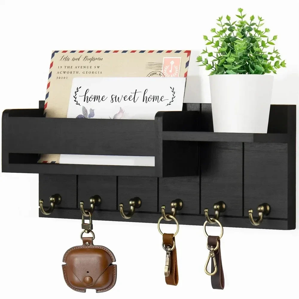 Rustic Wood Key Holder with Shelf Wall Mounted Decorative Key Rack  6 Key Hooks