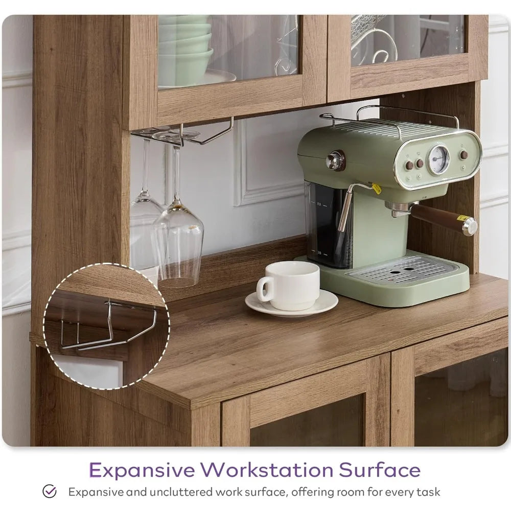 75" Arched Pantry Cabinet with Anti-Tipping Device, Glass Door & Open Storage for Kitchen Dining