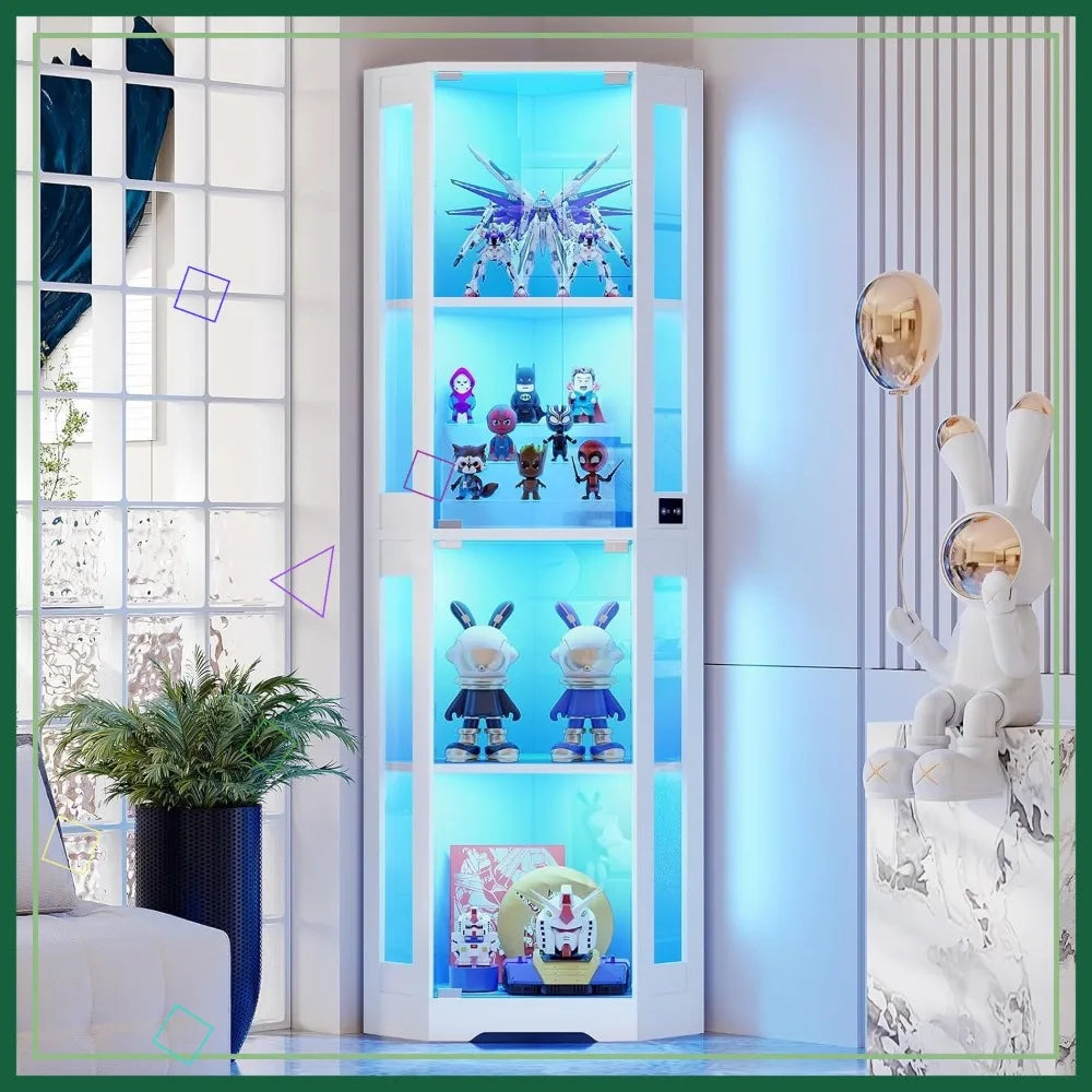 65" Corner Glass Display Cabinet with LED Lights & Motion Sensor, 4-Tier Showcase for Collectibles Figures Liquor