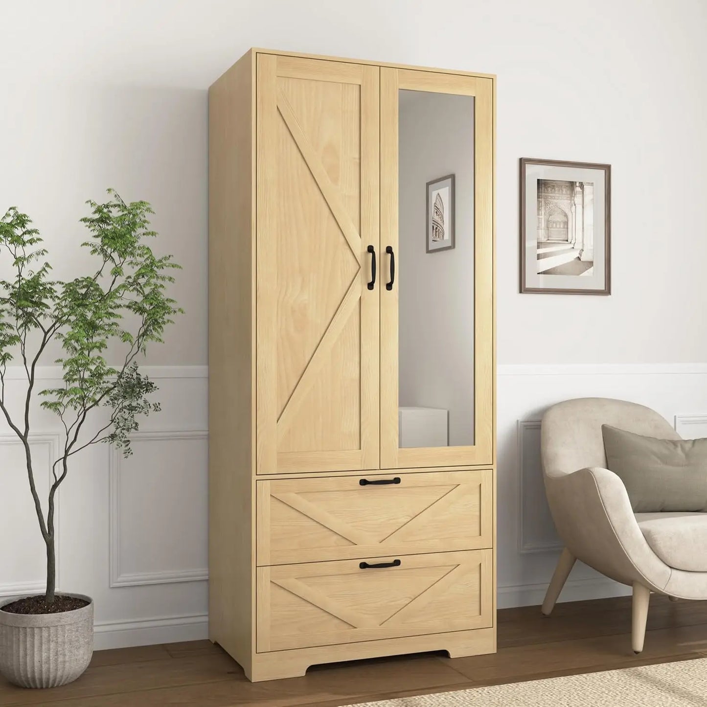 3 Door Armoire Wardrobe Closet with 2 Drawers, Hanging Rod & Lights,,