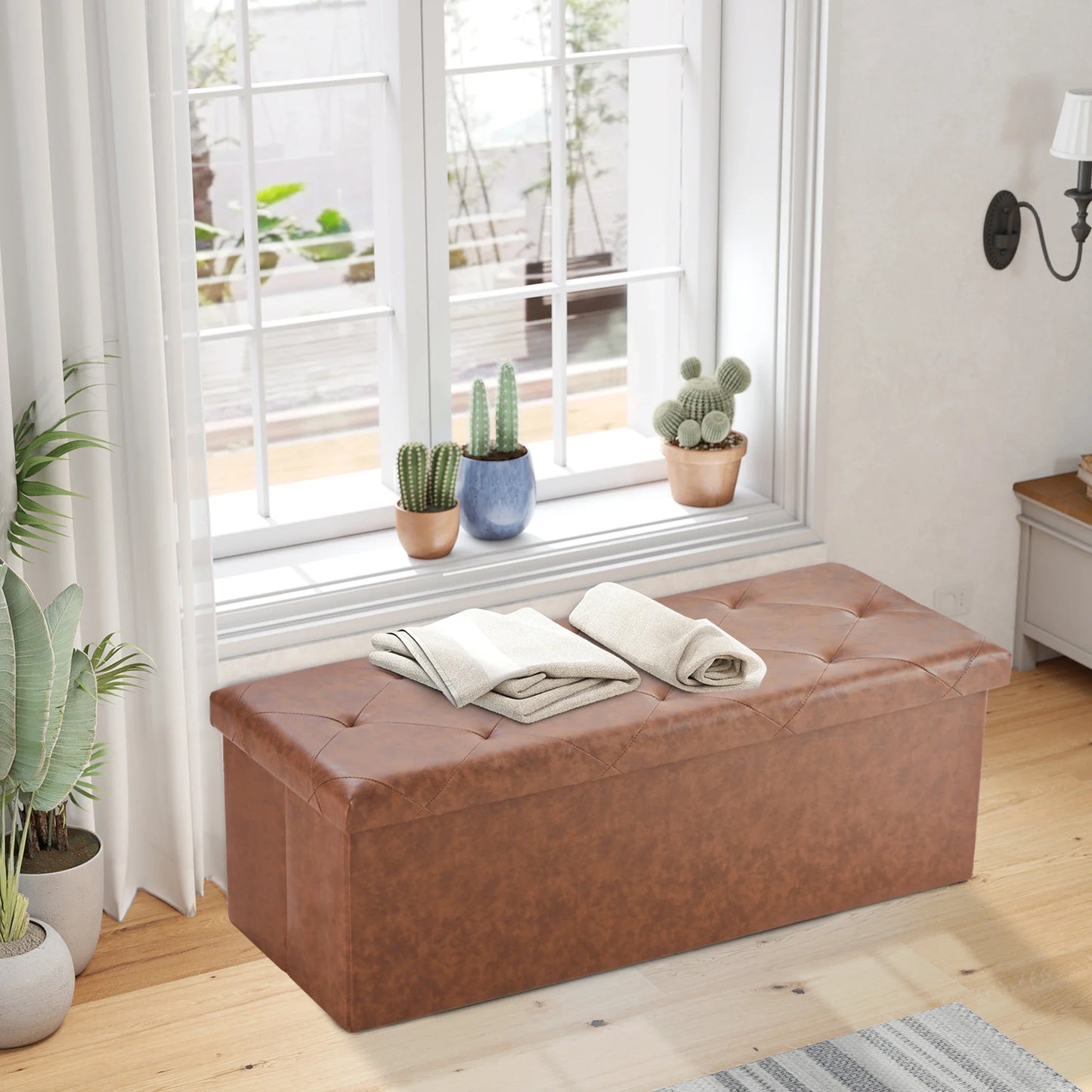 JHK 43 Inches Leather Folding Ottoman Storage Footstool For Living Room