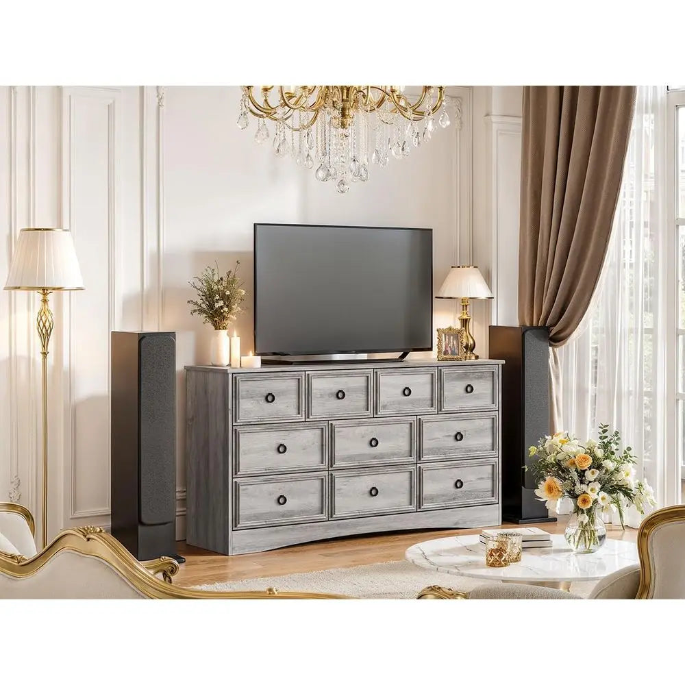 10-Drawer Bedroom Dresser with Textured Frame, 6 Deep, Gray, for Living Room or Bedroom Storage
