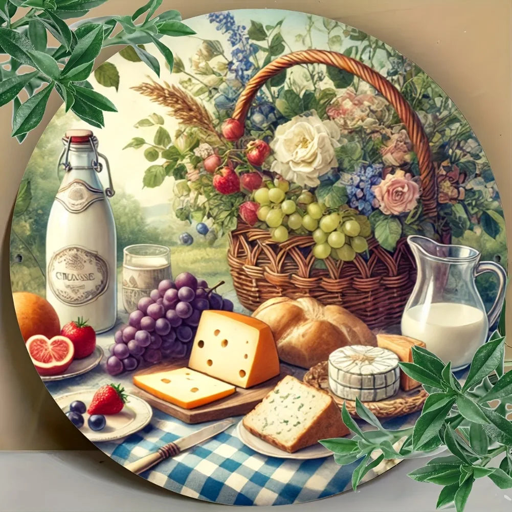 Rustic Food-Themed Decorative Wall Plate - 8x8 Inch Round Aluminum