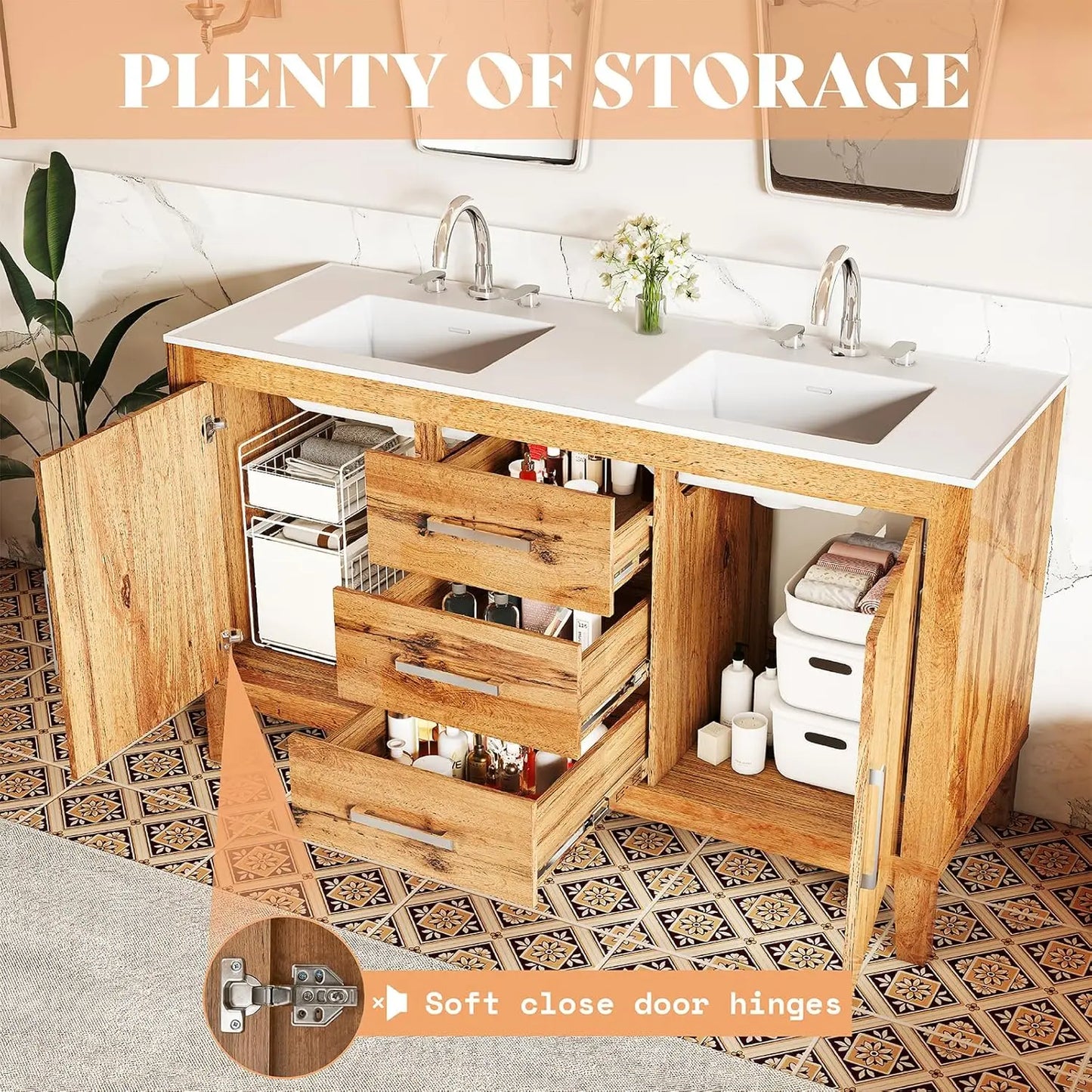 60in Double Bathroom Vanity High Gloss Woodgrain Storage 3 Hole Sink 2 Soft Close Doors Oak