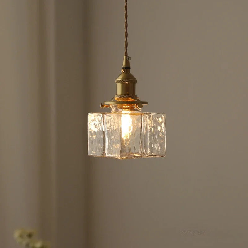 Japanese Retro Glass Pendant Light Yellow Copper Bedroom Chandelier Lightingt