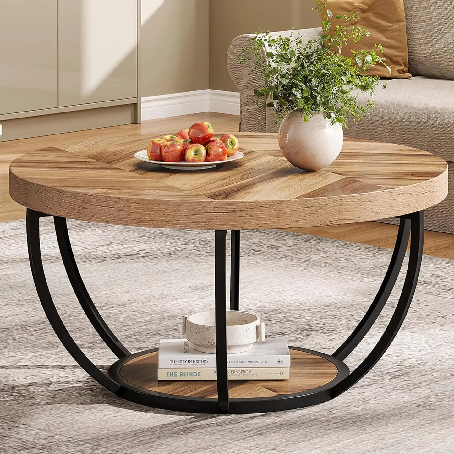 32" Circle Marble Coffee Tables, 2-Tier Golden Metal Legs