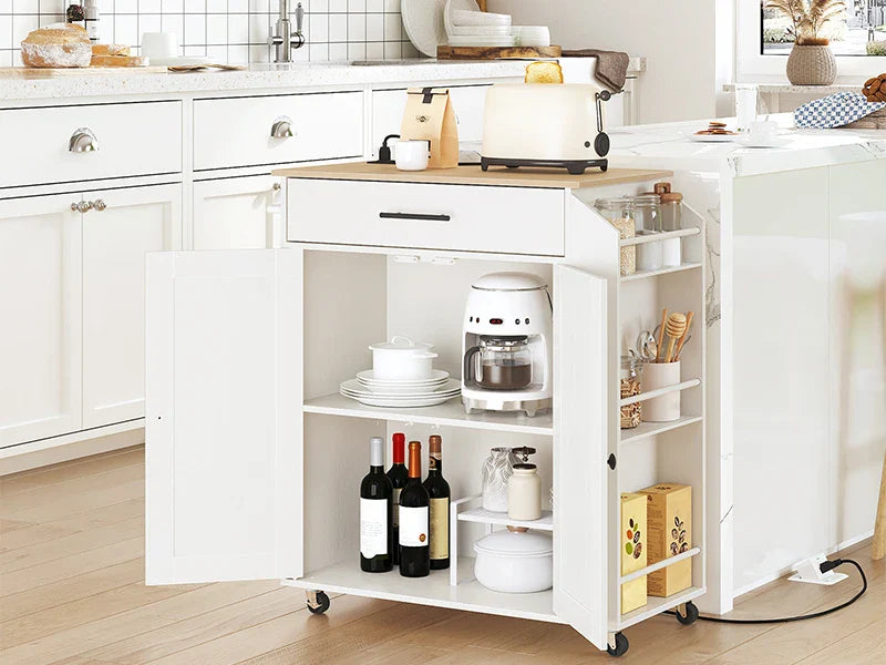 Rolling Kitchen Island with Power Outlet Spice Rack & Drawer Natural & White
