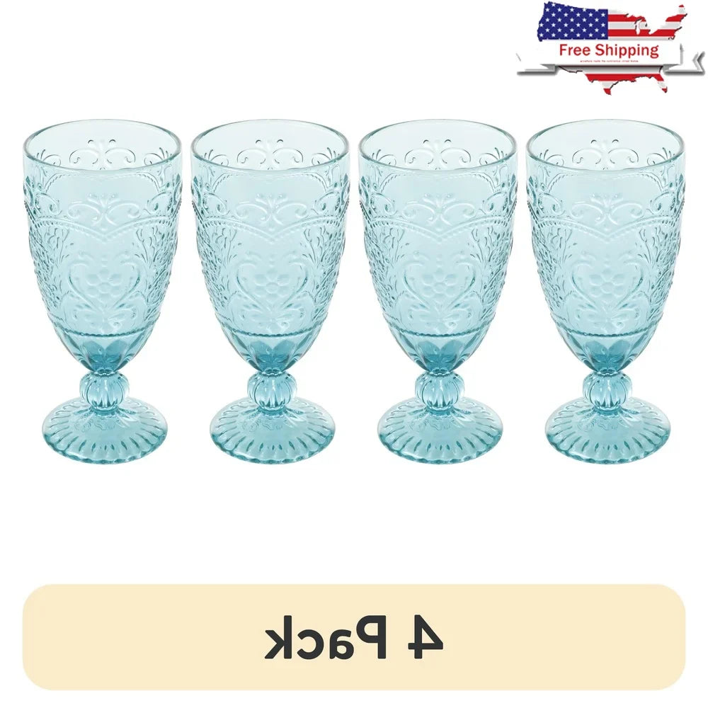 Amelia Teal Goblet Set of 4 Vintage Inspired Glasses Elegant Drinkware