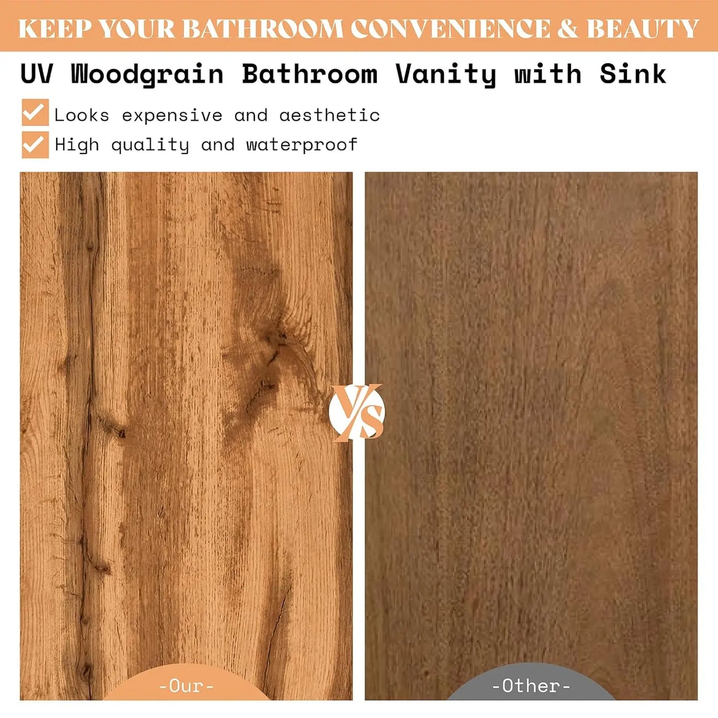 60in Double Bathroom Vanity High Gloss Woodgrain Storage 3 Hole Sink 2 Soft Close Doors Oak