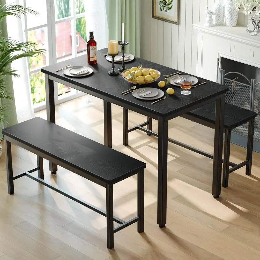 Dining Table Set for 4, 3Piece Kitchen Table with 2 Benches,