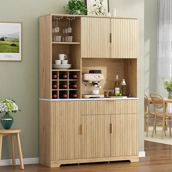 72” Tall Kitchen Pantry Cabinet, Fluted Storage Cabinet with Microwave Stand, Wine Bar Cabinet with Storage Hutch