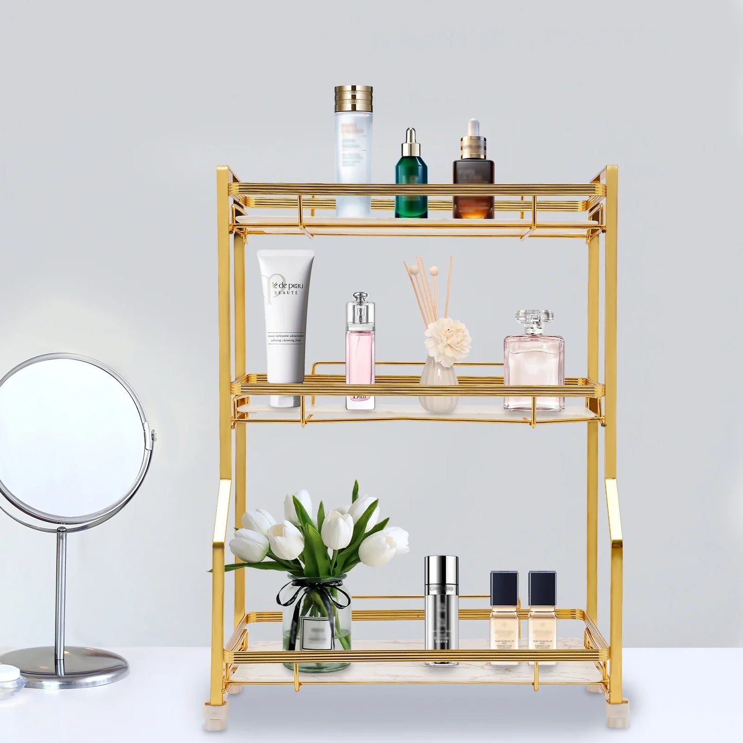 3 Tier Bathroom Countertop Organizer, with Small Storage Basket for Skincare Makeup
