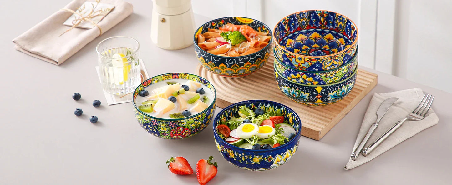 Bohemian Ceramic Bowl Set of 6 (28 Oz) - Colorful Soup, Cereal, Pasta, Salad, Fruit Bowls