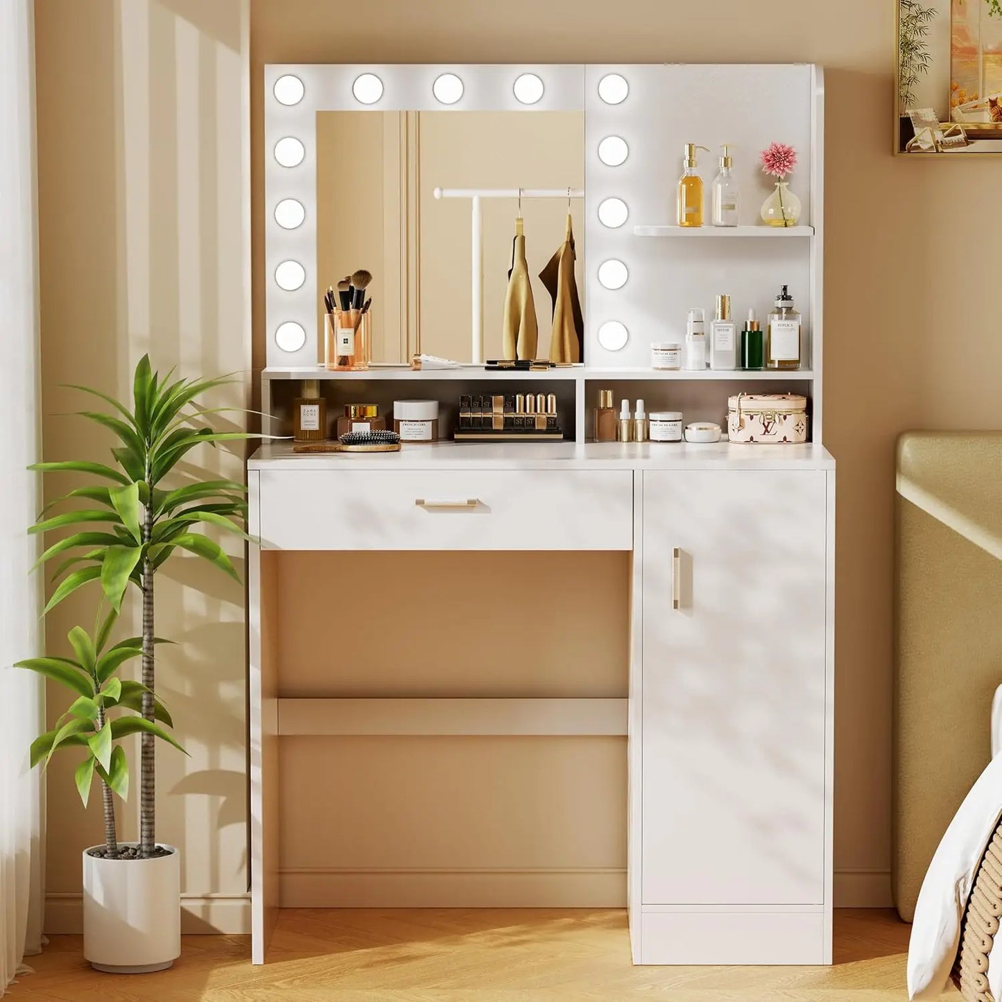 White Makeup Vanity Desk with Mirror, Lights, Drawers & Cabinet