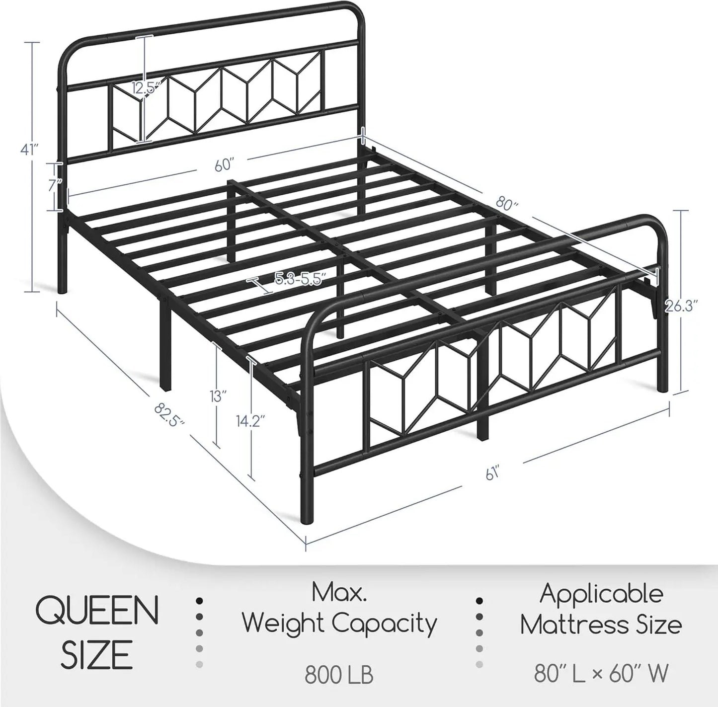 Queen Size Metal Platform Bed Frame with Headboard, Under Bed Storage, No Box Spring Needed