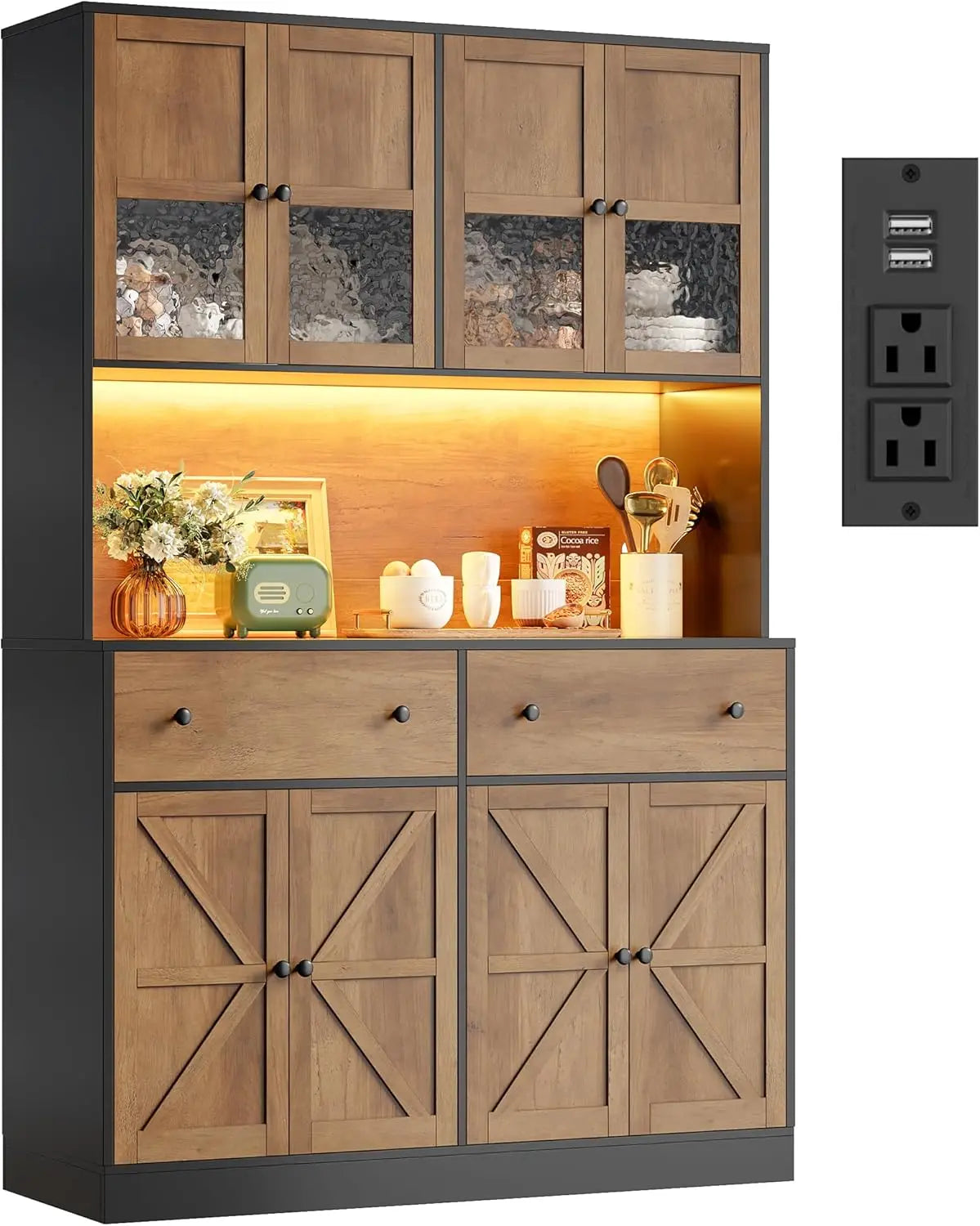 71 Inch Pantry with LED Light and Charging Station, Farmhouse Kitchen Pantry