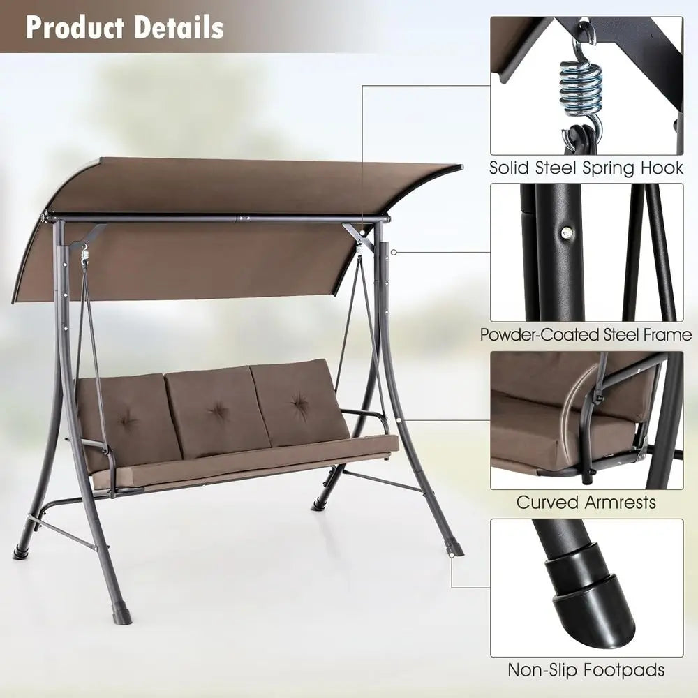 Person Porch Swing, Outdoor Swing with Removable Cushions, Solid Steel Structure, with Adjustable Canopy for Garden,