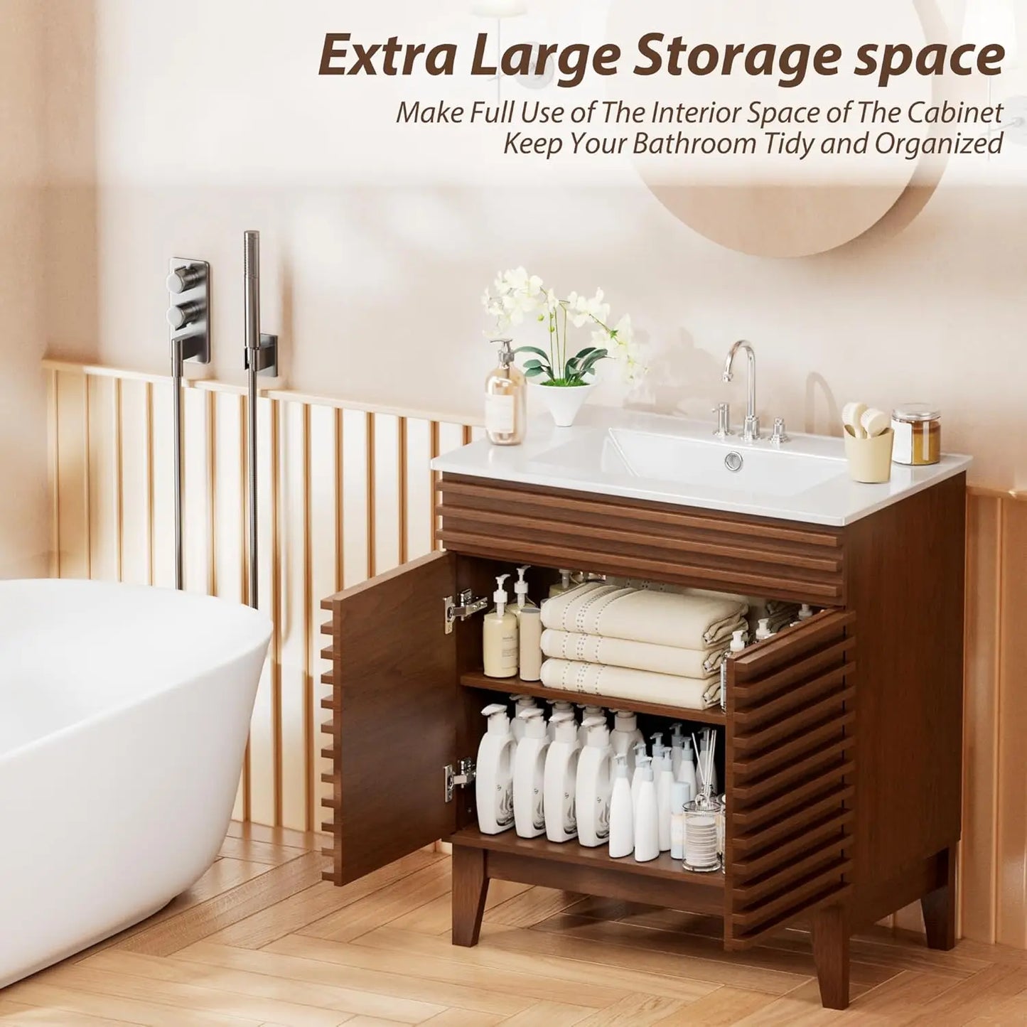 30" Mid-Century Bathroom Vanity Cabinet Ceramic Sink Soft Close Doors Freestanding