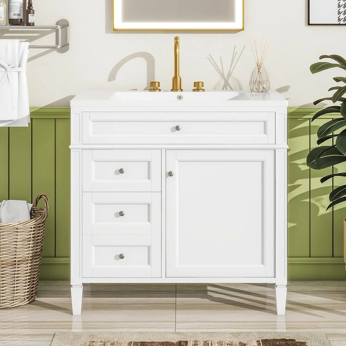 36in Solid Wood Bathroom Vanity with Soft-Close Doors & Tip-Out Drawer Undermount Sink Cabinet Green
