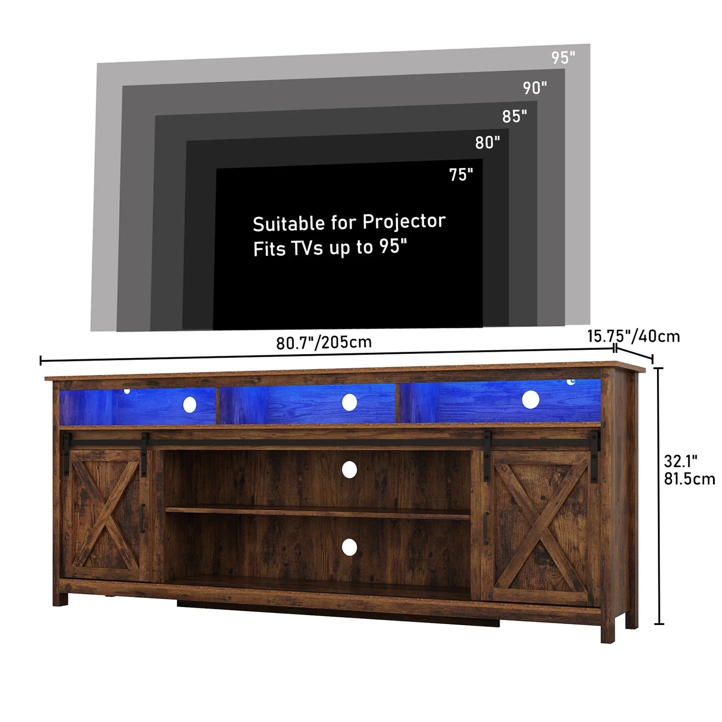TV Stand Farmhouse Coffee Bar Cabinet Rustic Sliding Barn Door Cabinet with Power Outlet & LED Light