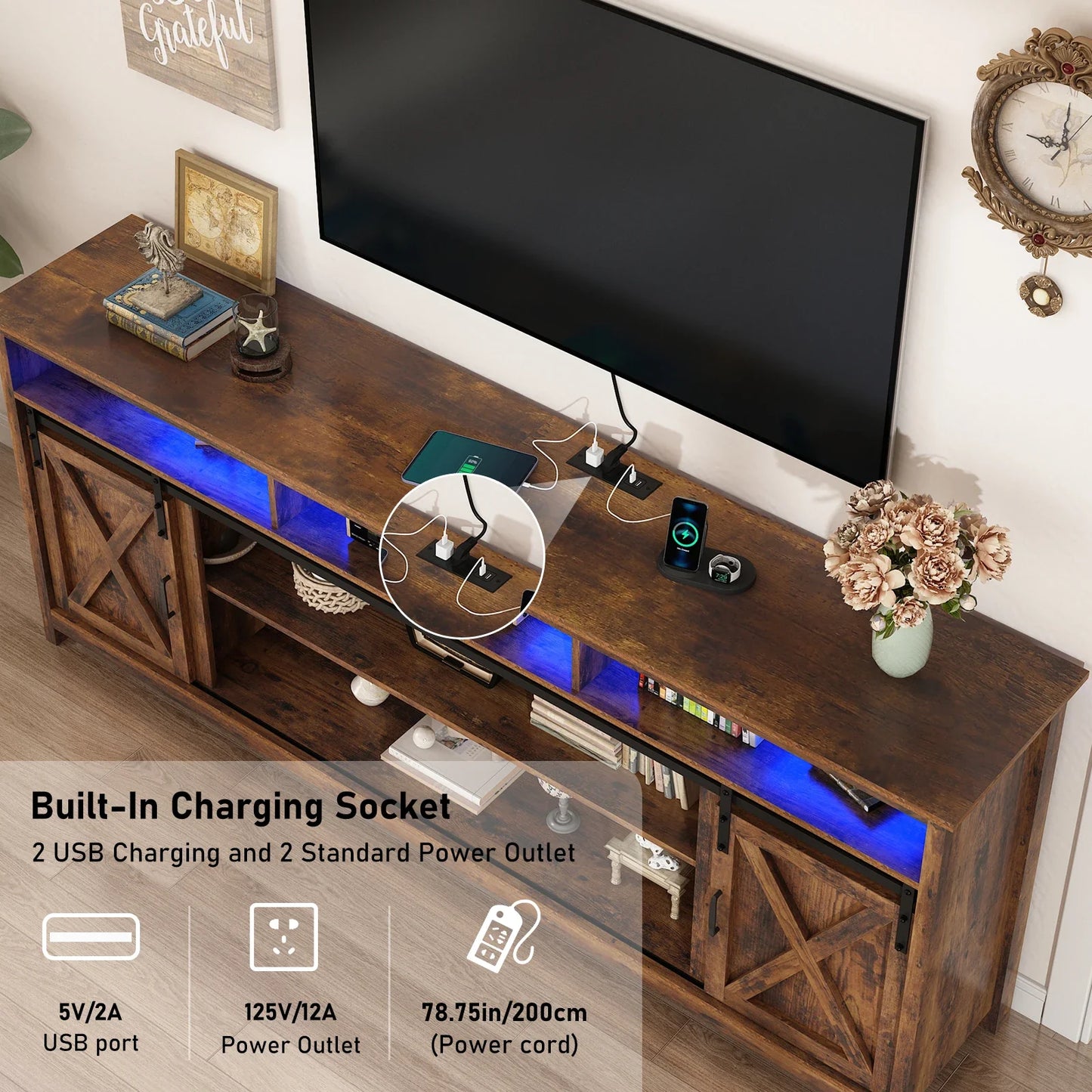 TV Stand Farmhouse Coffee Bar Cabinet Rustic Sliding Barn Door Cabinet with Power Outlet & LED Light