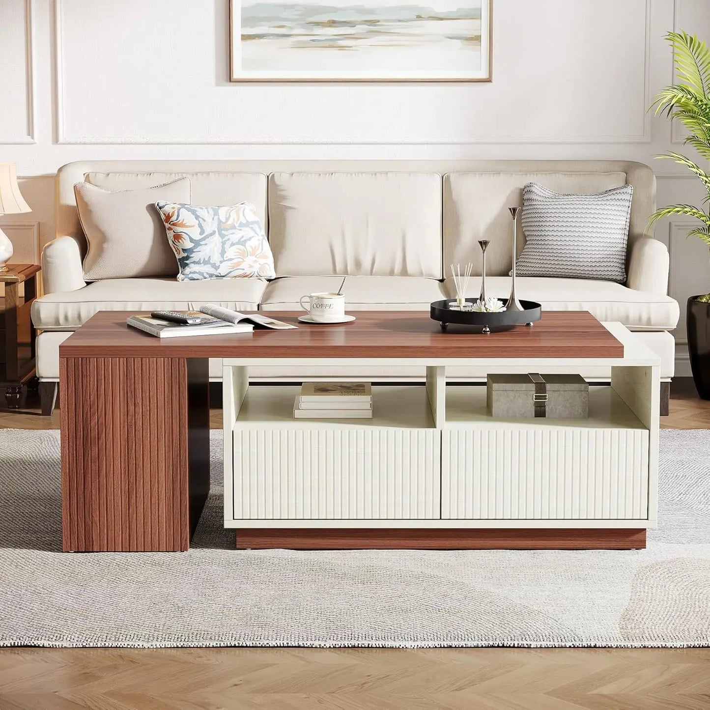 Extendable Coffee Table with 2 Storage Drawers,