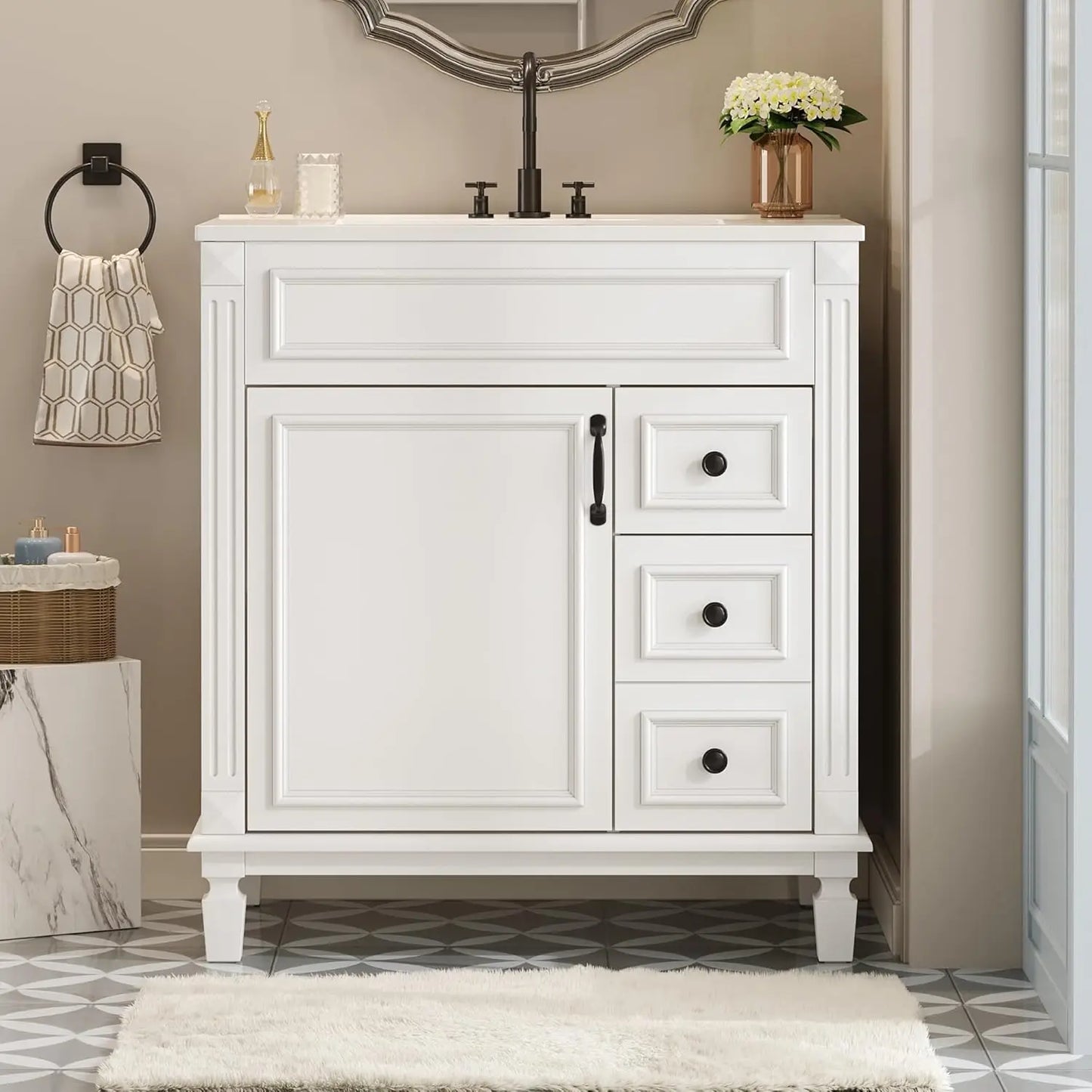 30" Bathroom Vanity with Sink Modern Storage Cabinet Single Door Two Drawers Solid Wood Frame