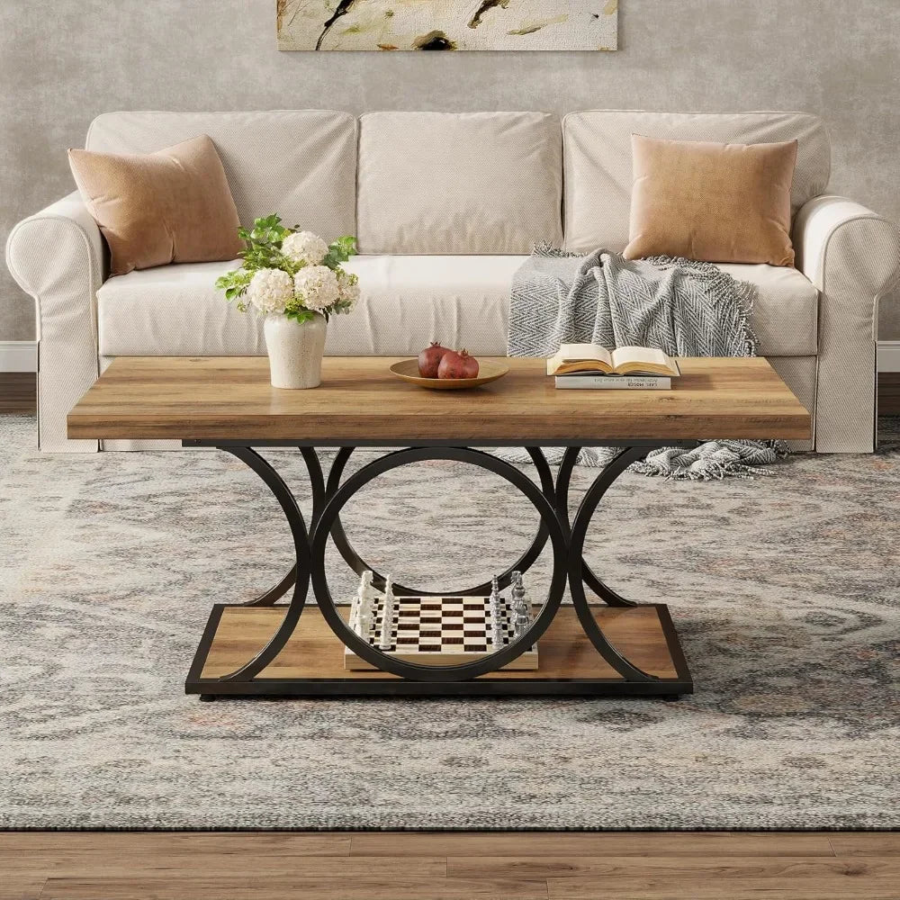 47" Rustic Farmhouse Coffee Table - 2-Tier Wooden Rectangle Center Table