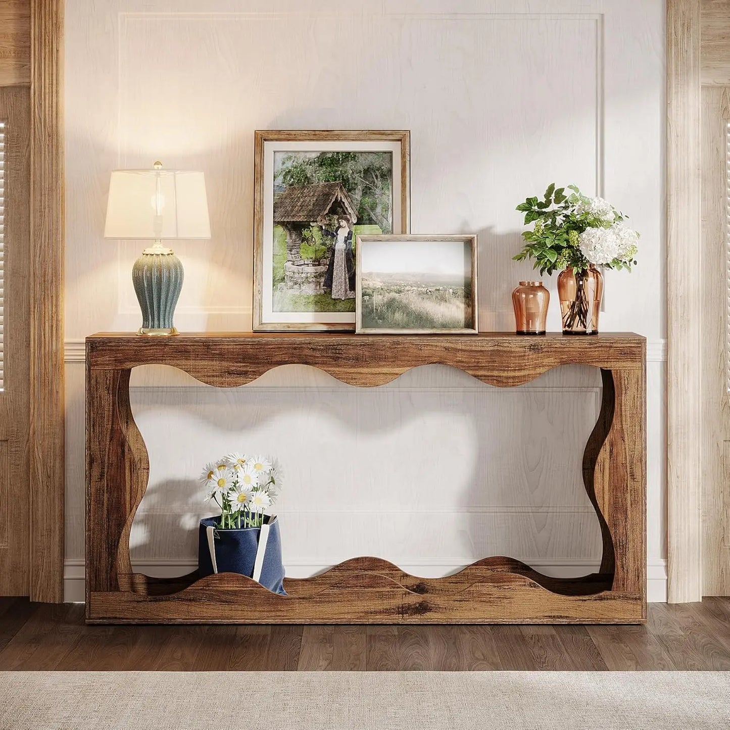63 Inches Farmhouse Console Table with Storage, Couch Table Behind Sofa