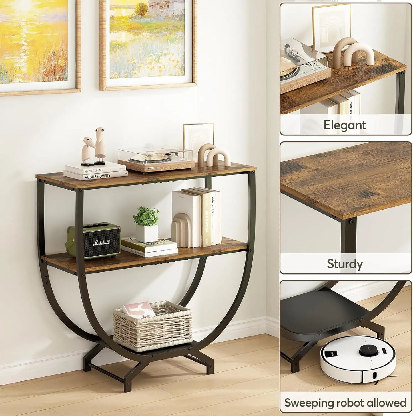 3-Tier Industrial Console Table with Storage, 30" Height Entryway Sofa Table, Rustic Brown for Living Room
