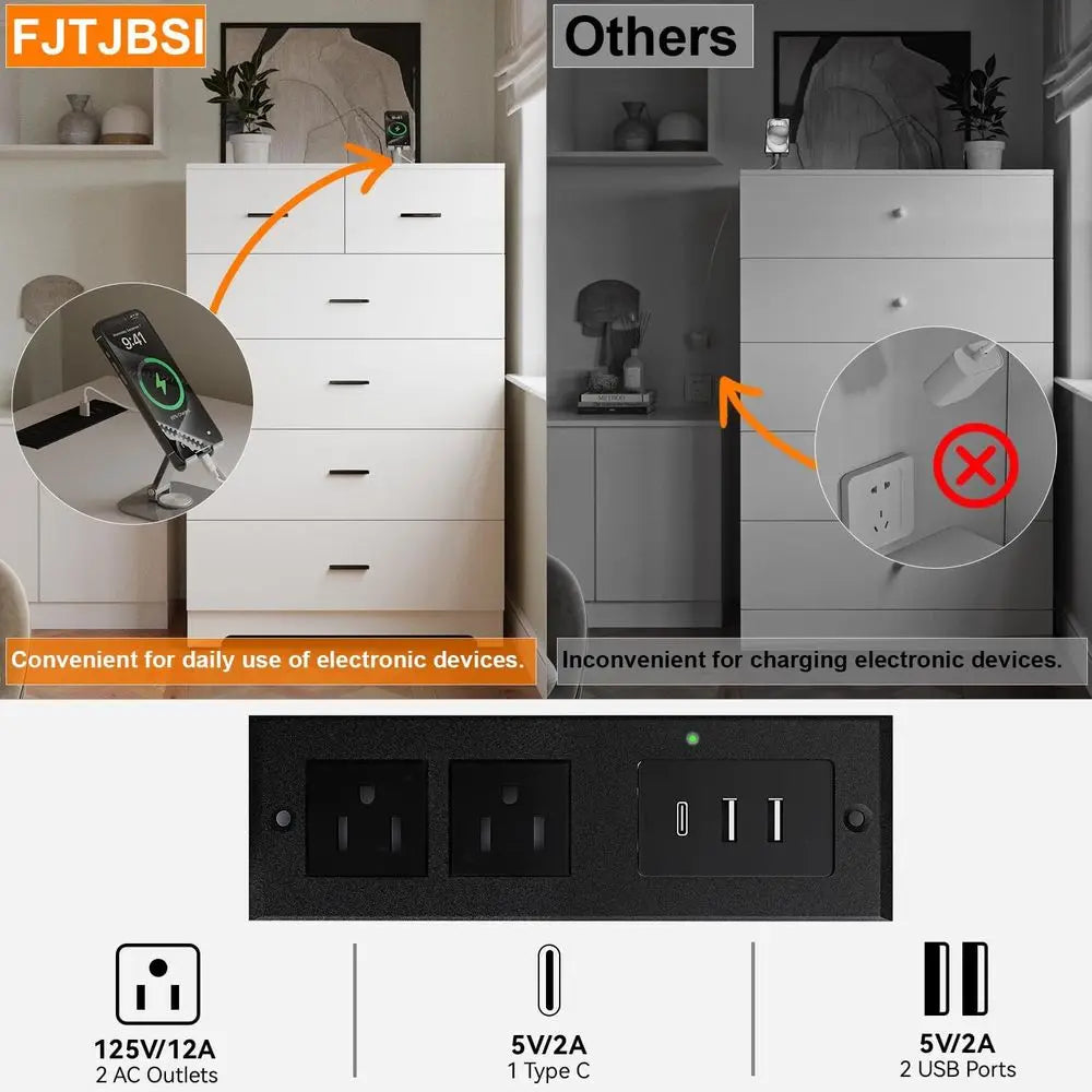 Wooden 6-Drawer Cabinet with Power Outlets and Large White Storage Organizer for Closets, Bedrooms, and Hallways