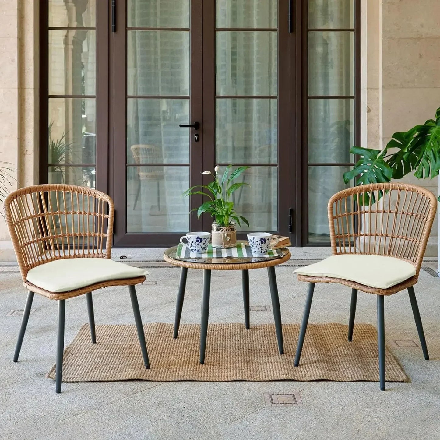 3 Piece Outdoor Wicker Bistro Set,  w/2 Large Rattan Chairs and Tempered Glass Table, Patio Furniture