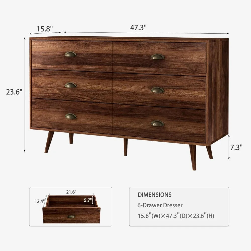 Walnut Brown Dresser  6 Drawer with Wide Drawers and Metal Knob