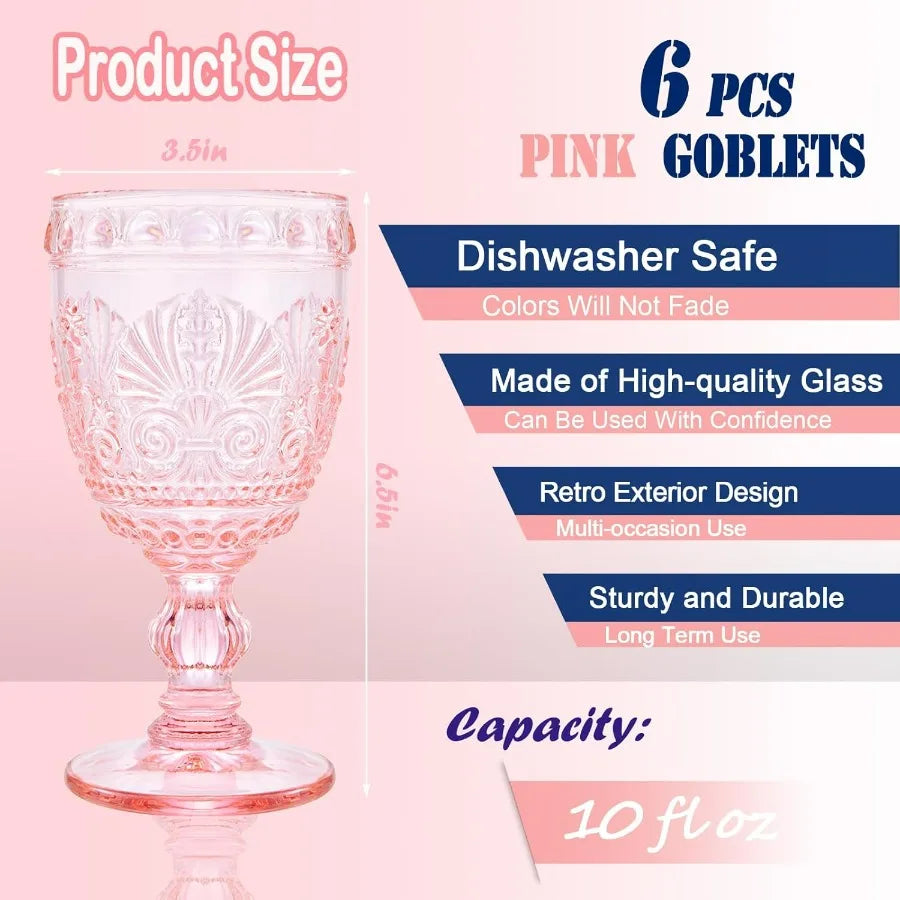 6 Pcs Pink Wine  Goblet Vintage Glassware Made of Sturdy and Durable Glass