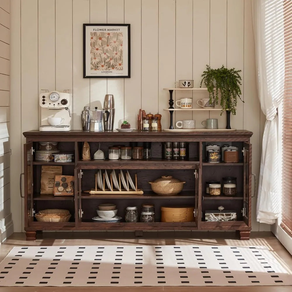 Large Sideboard Buffet Cabinet with Storage, Vintage Farmhouse Cabinets with Glass Doors