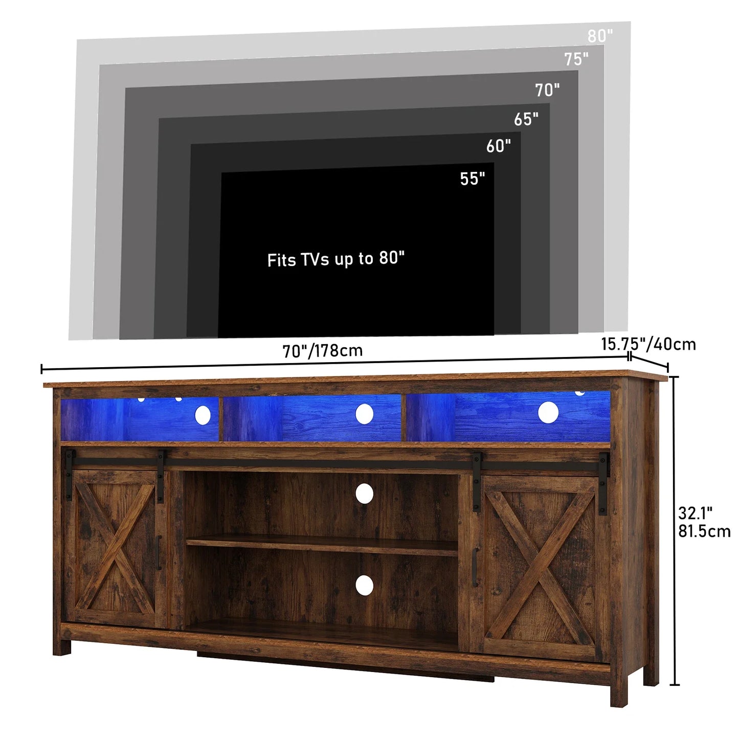 TV Stand Farmhouse Coffee Bar Cabinet Rustic Sliding Barn Door Cabinet with Power Outlet & LED Light