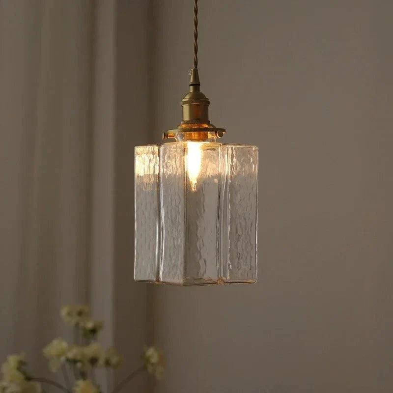 Japanese Retro Glass Pendant Light Yellow Copper Bedroom Chandelier Lightingt