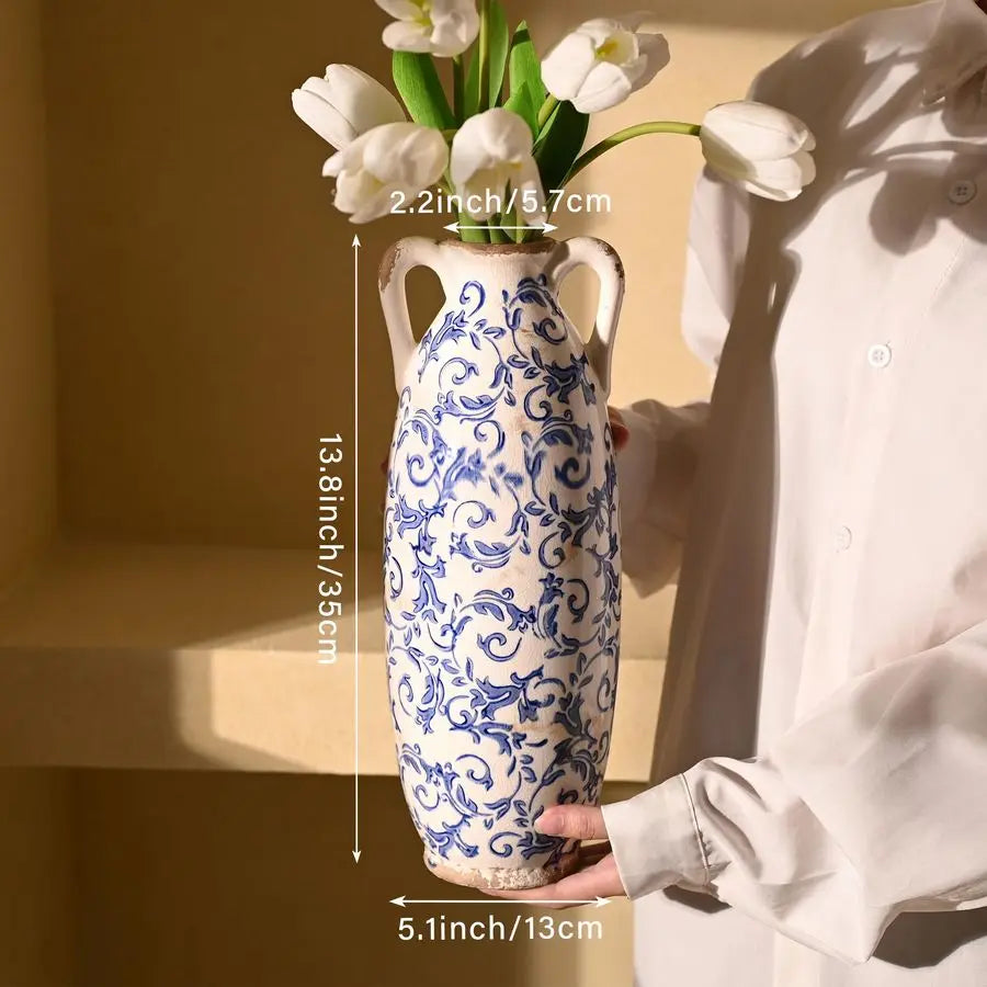 Blue and White Floor Vase for Pampas Grass,  Ceramic Farmhouse Decorative Large Vases for Flower,