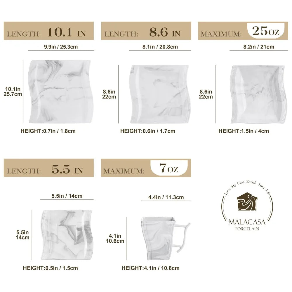 MALACASA FLORA Marble Porcelain Dinnerware 30 Piece Tableware