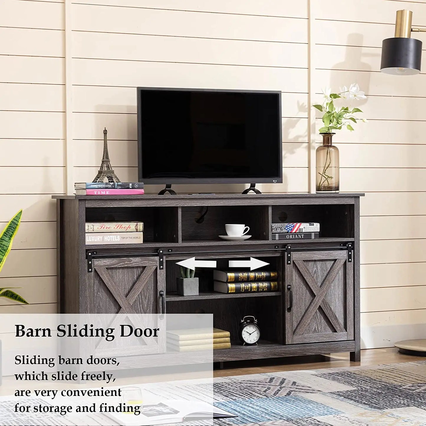 TV Stand Farmhouse Coffee Bar Cabinet Rustic Sliding Barn Door Cabinet with Power Outlet & LED Light